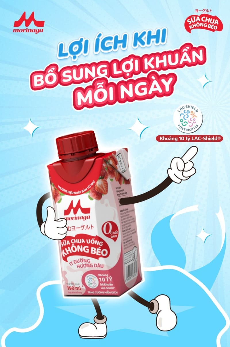 Sữa chua uống không béo ít đường hương dâu Morinaga có thể dễ dàng tìm thấy trên toàn quốc