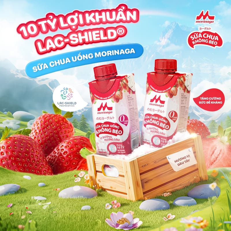 Với khoảng 10 tỷ lợi khuẩn LAC-Shield®, sữa chua uống không béo ít đường hương dâu Morinaga không chỉ hỗ trợ tiêu hóa mà còn tăng cường sức đề kháng