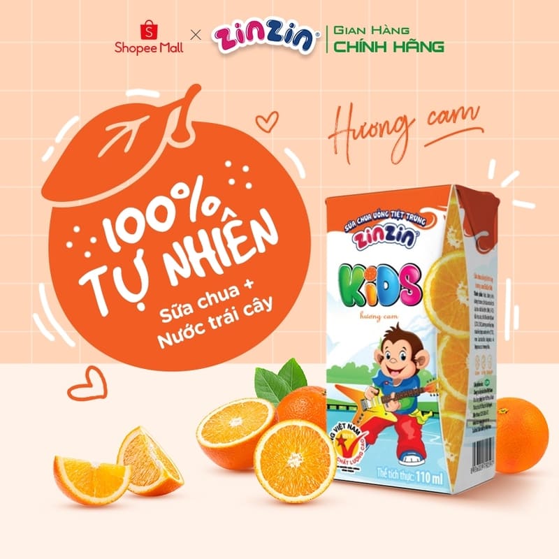 Sữa chua uống Zinzin Kids 110ml có hương vị chua ngọt thơm ngon nhờ vào men tự nhiên