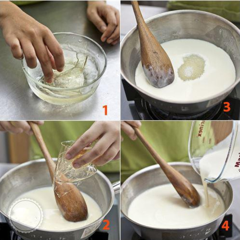 Ngâm bột gelatin với cho tan chảy rồi đổ vào nồi sữa chua và khuấy đều
