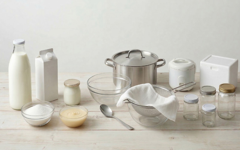 Chuẩn bị nguyên liệu và dụng cụ làm sữa chua Hy Lạp