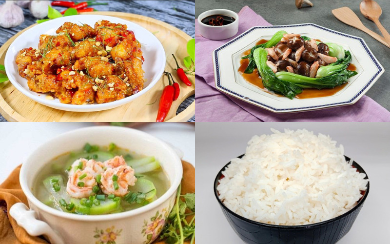 Bữa tối cơm nhà với gà chiên sốt cay, cải thìa nấm, canh bầu nấu tôm và cơm trắng cân đối dinh dưỡng