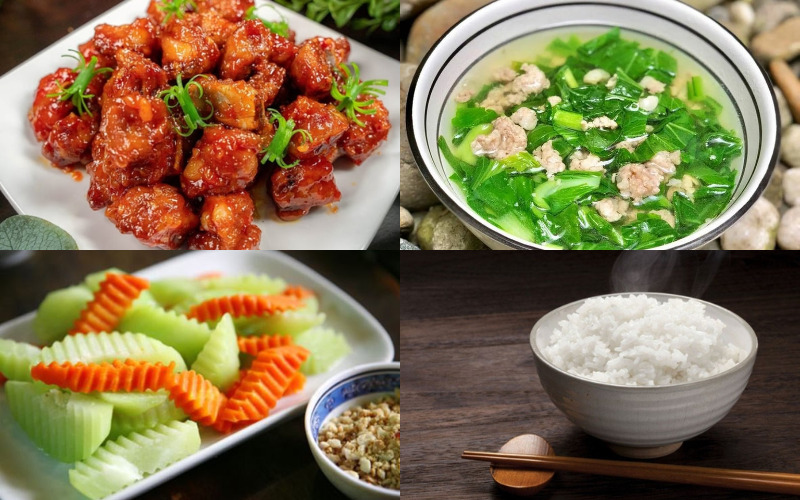Bữa tối ngon miệng với sườn chua ngọt, su su xào, canh bí đỏ nấu tôm