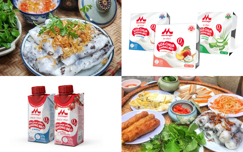 Bữa sáng với bánh cuốn nóng kết hợp sữa chua và sữa uống, cung cấp năng lượng nhẹ nhàng cho ngày mới