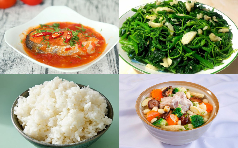 Bữa tối cơm nhà với cá sốt cà, rau muống xào tỏi, canh rau củ thịt và cơm trắng đầy đủ dinh dưỡng