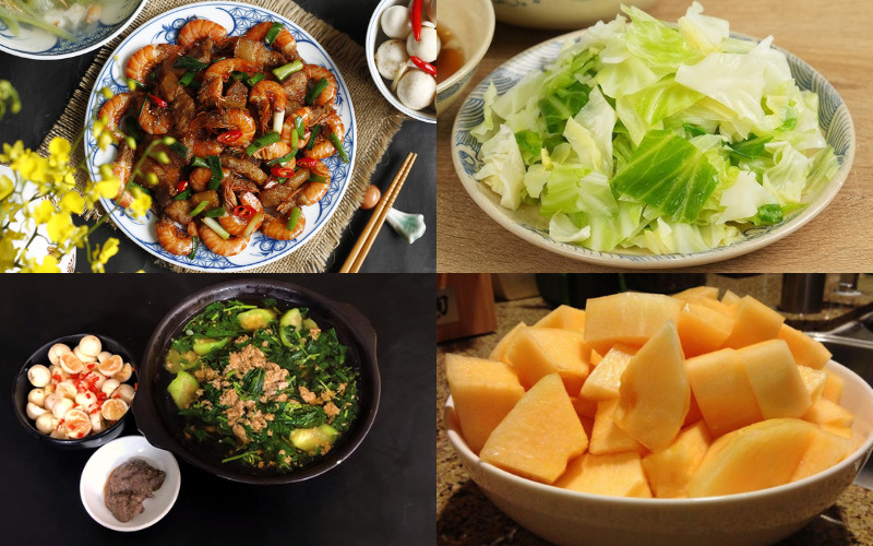 Bữa trưa ngon miệng với tôm rang thịt ba chỉ cùng rau bắp cải luộc, canh cua