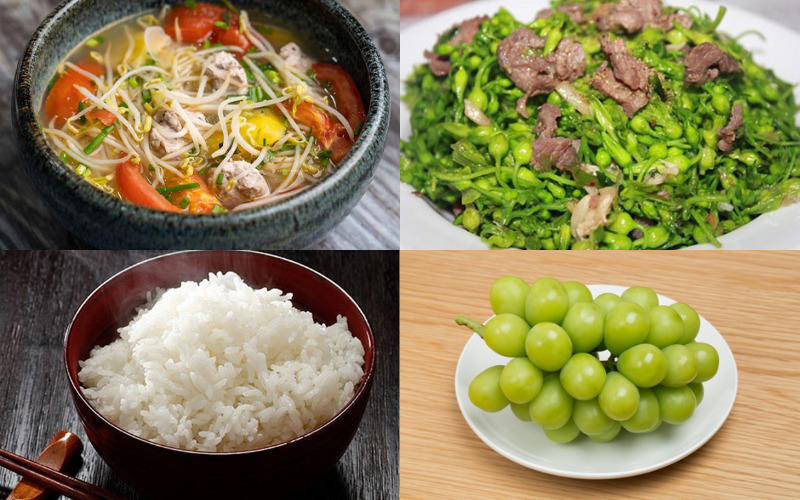 Bữa trưa cơm nhà với canh giá cà chua, bò xào rau xanh, cơm trắng và nho tươi cân đối dinh dưỡng