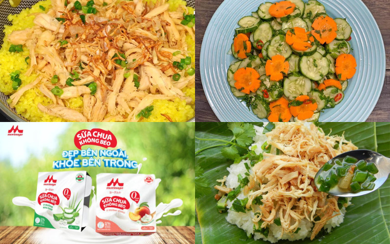 Bữa sáng ngon miệng với xôi gà xé, salad dưa leo cà rốt và sữa chua morinaga hỗ trợ tăng cường hệ miễn dịch