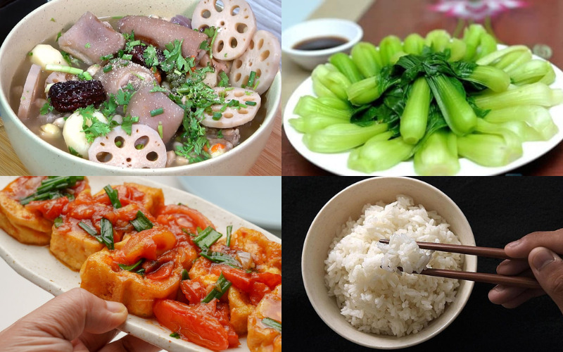 Bữa trưa đầy đủ dinh dưỡng với canh giò heo hầm củ sen, cải thìa luộc, đậu phụ sốt cà và cơm trắng đủ chất, dễ tiêu