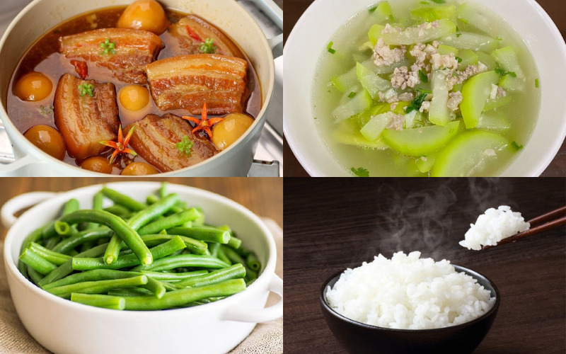 Bữa tối ngon miệng, dễ ăn với thịt kho, canh bầu thịt băm với đậu que luộc