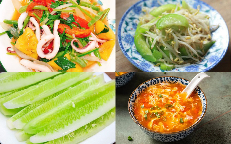 Bữa tối ngon miệng với mực xào thập cẩm, giá xào, canh trứng cà chua và dưa leo