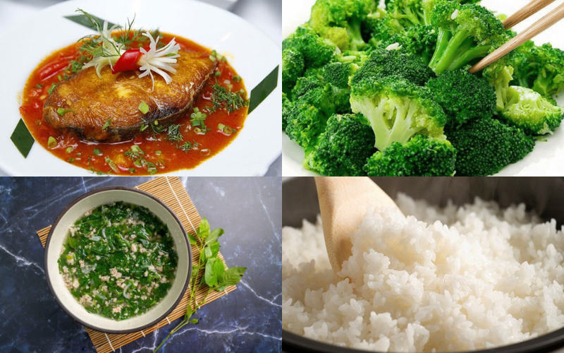 Bữa tối cơm nhà đơn giản với cá sốt cà, canh rau nấu thịt, bông cải luộc và cơm trắng cân đối dinh dưỡng