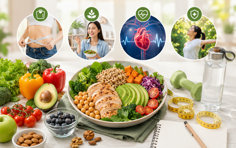 Bữa ăn healthy cân bằng dinh dưỡng giúp kiểm soát cân nặng, bảo vệ tim mạch và tăng cường miễn dịch Bữa ăn healthy cân bằng dinh dưỡng giúp kiểm soát cân nặng, bảo vệ tim mạch và tăng cường miễn dịch